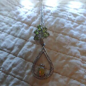 New Sterling Silver Natural Opal 5 Peridot /White Sapphire Crystals 22" Necklace